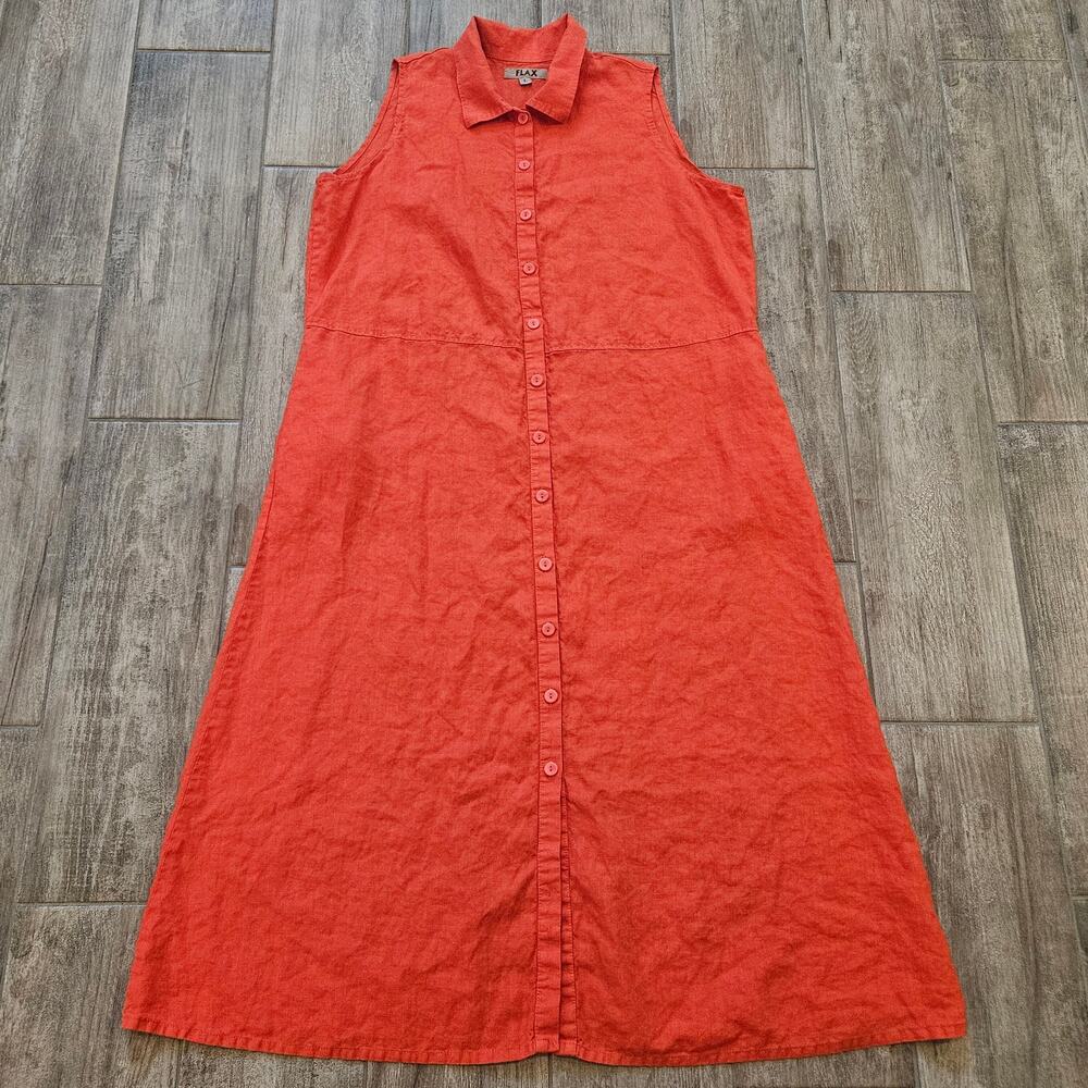 Flax Dress Womens Size L Linen Collar Maxi Shirt Dress Button Front Sleeveless